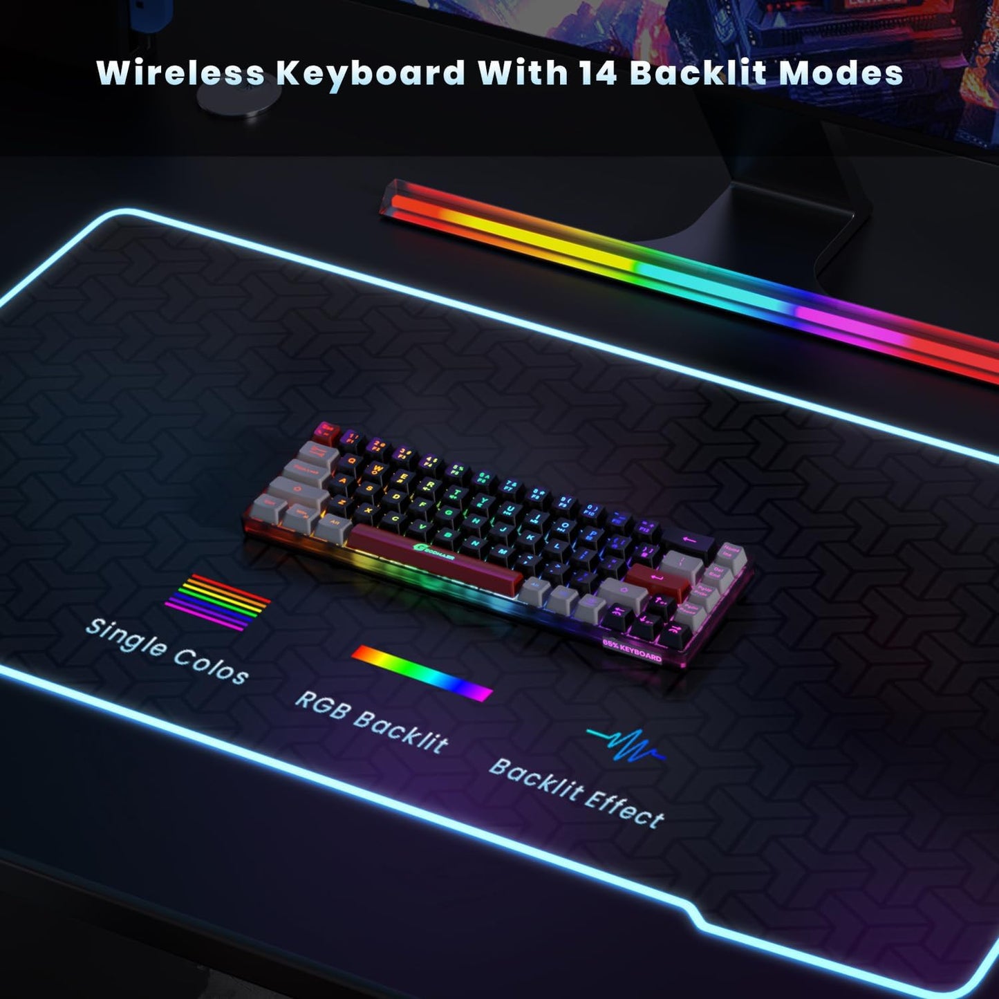 65% Wireless Gaming Keyboard, Rechargeable RGB Backlit Gaming Keyboard with 14 Backlit Modes, Ultra-Compact Mechanical Feel Anti-Ghosting Keyboard for PC Laptop Mac PS5 PS4 Xbox One Gamer