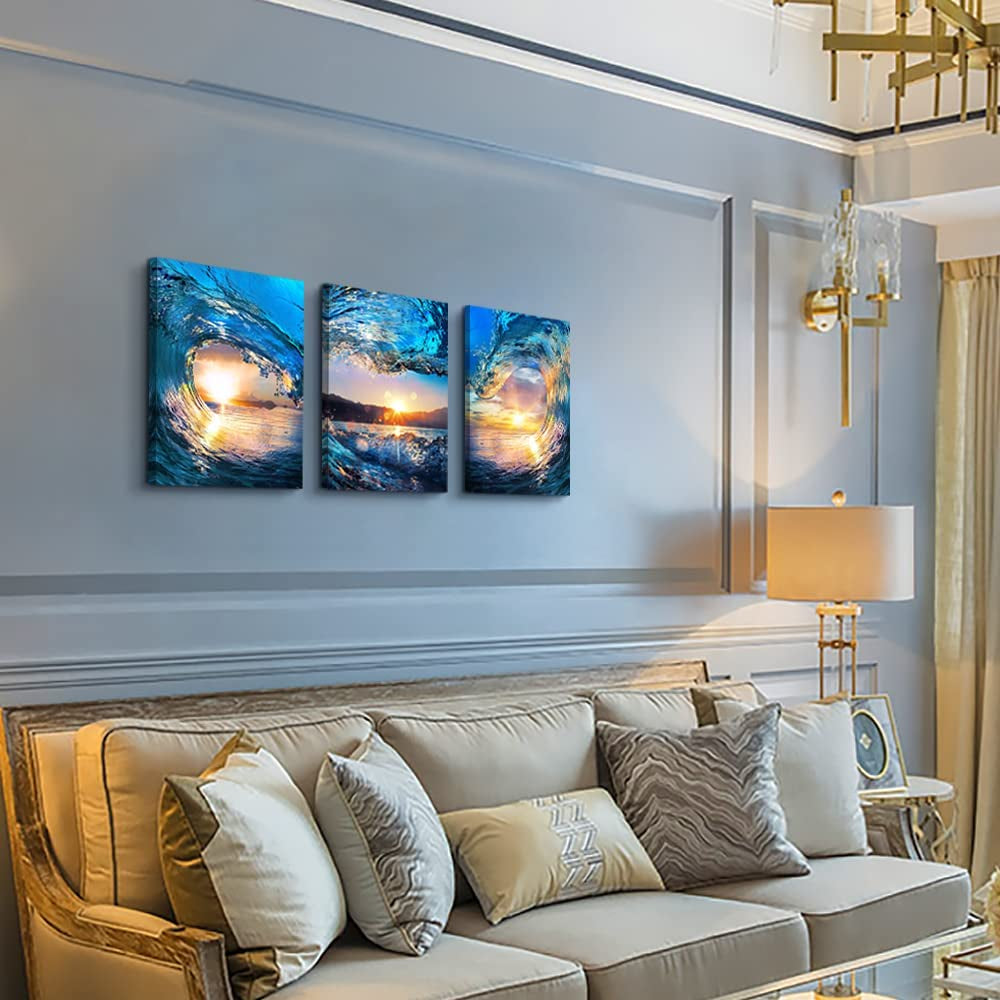 Contemporary Ocean Waves Canvas Wall Art for Home and Office Decor - Blue Sea View Paintings on Canvas - Set of 3 Pieces - Modern Beach Prints - 12" X 16""