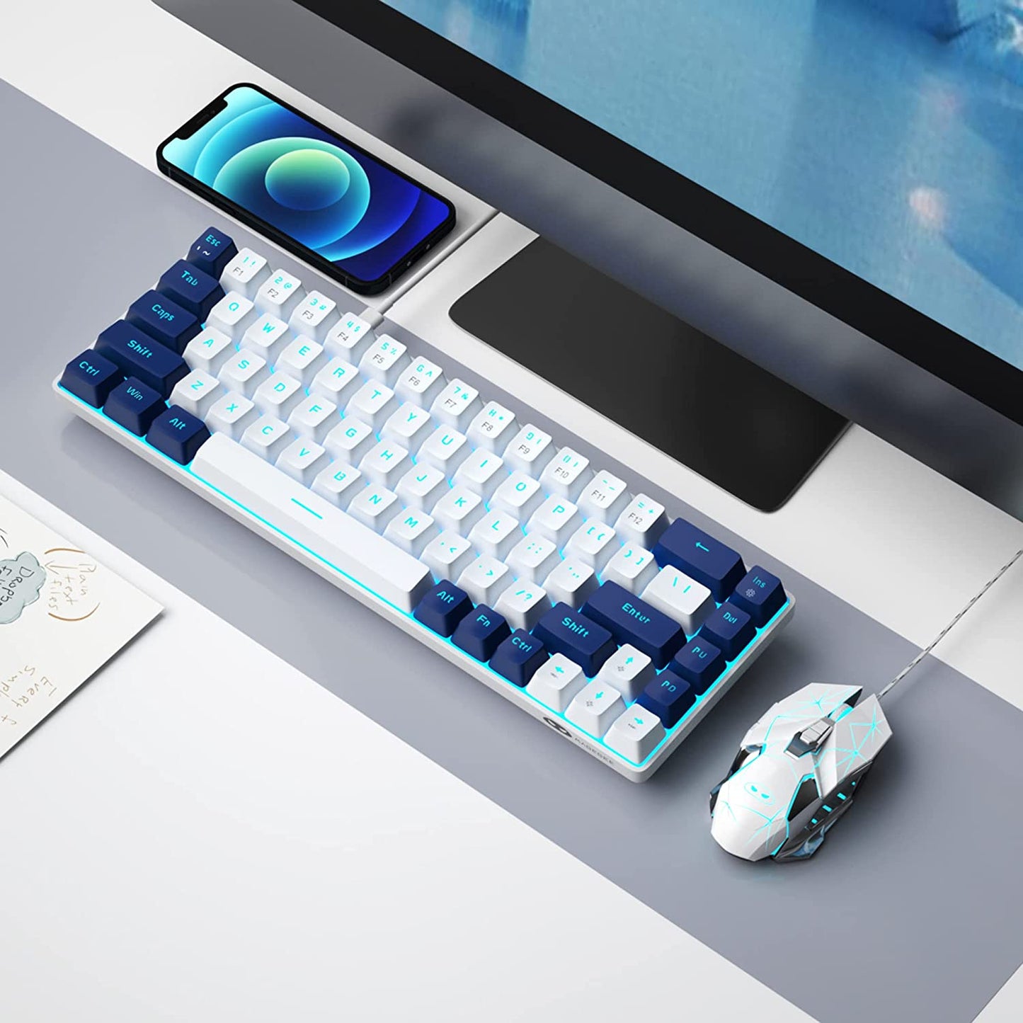 Portable 60% Mechanical Gaming Keyboard, Mk-Box LED Backlit Compact 68 Keys Mini Wired Office Keyboard with Red Switch for Windows Laptop PC Mac - White/Blue