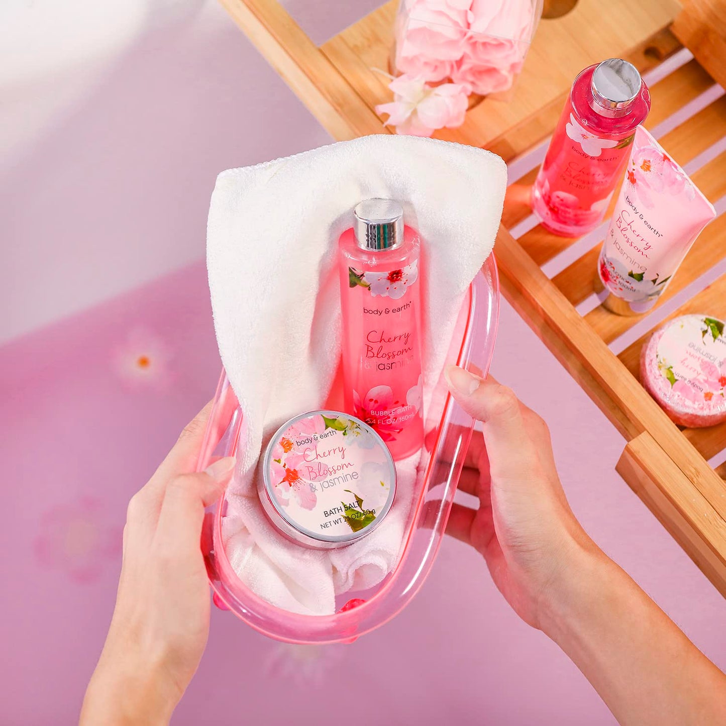 Spa Earth & Body 8 Pcs Bath Sets with Cherry Blossom & Jasmine Scent Bubble Bath,Shower Gel, Body & Hand Lotion