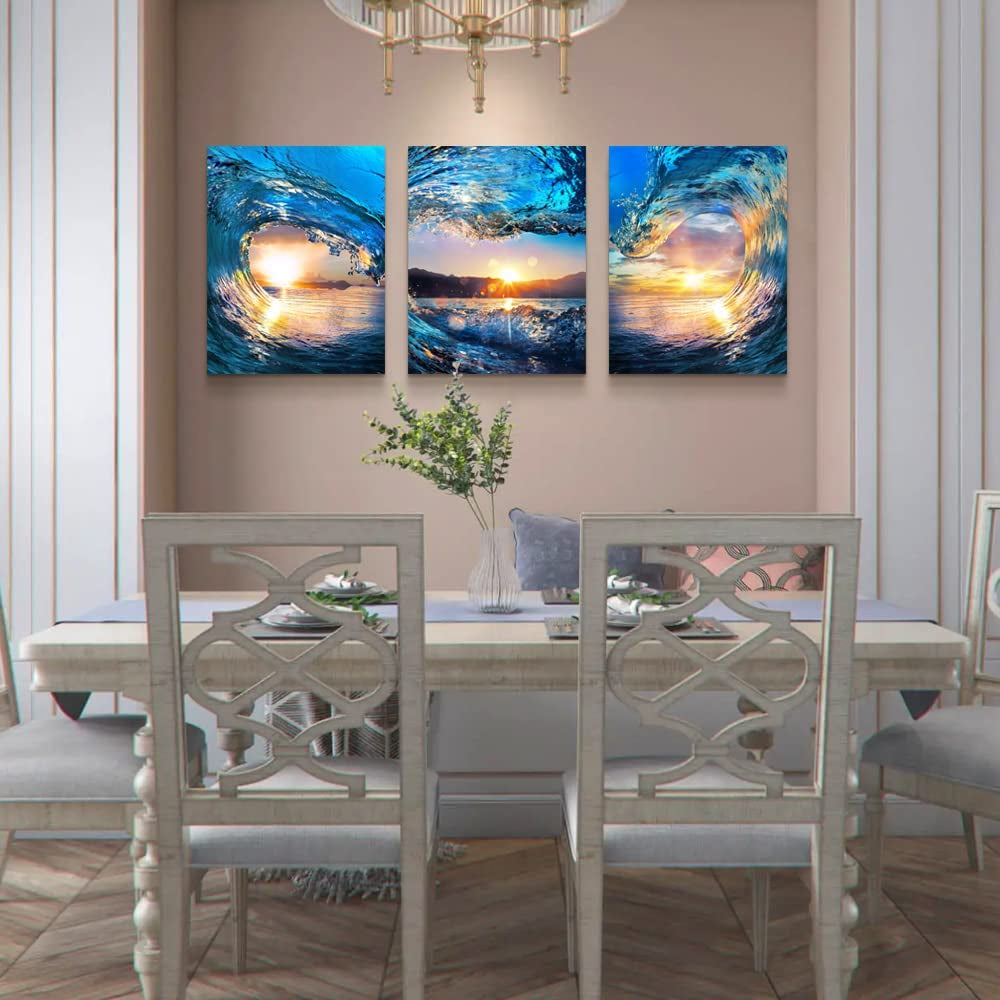 Contemporary Ocean Waves Canvas Wall Art for Home and Office Decor - Blue Sea View Paintings on Canvas - Set of 3 Pieces - Modern Beach Prints - 12" X 16""