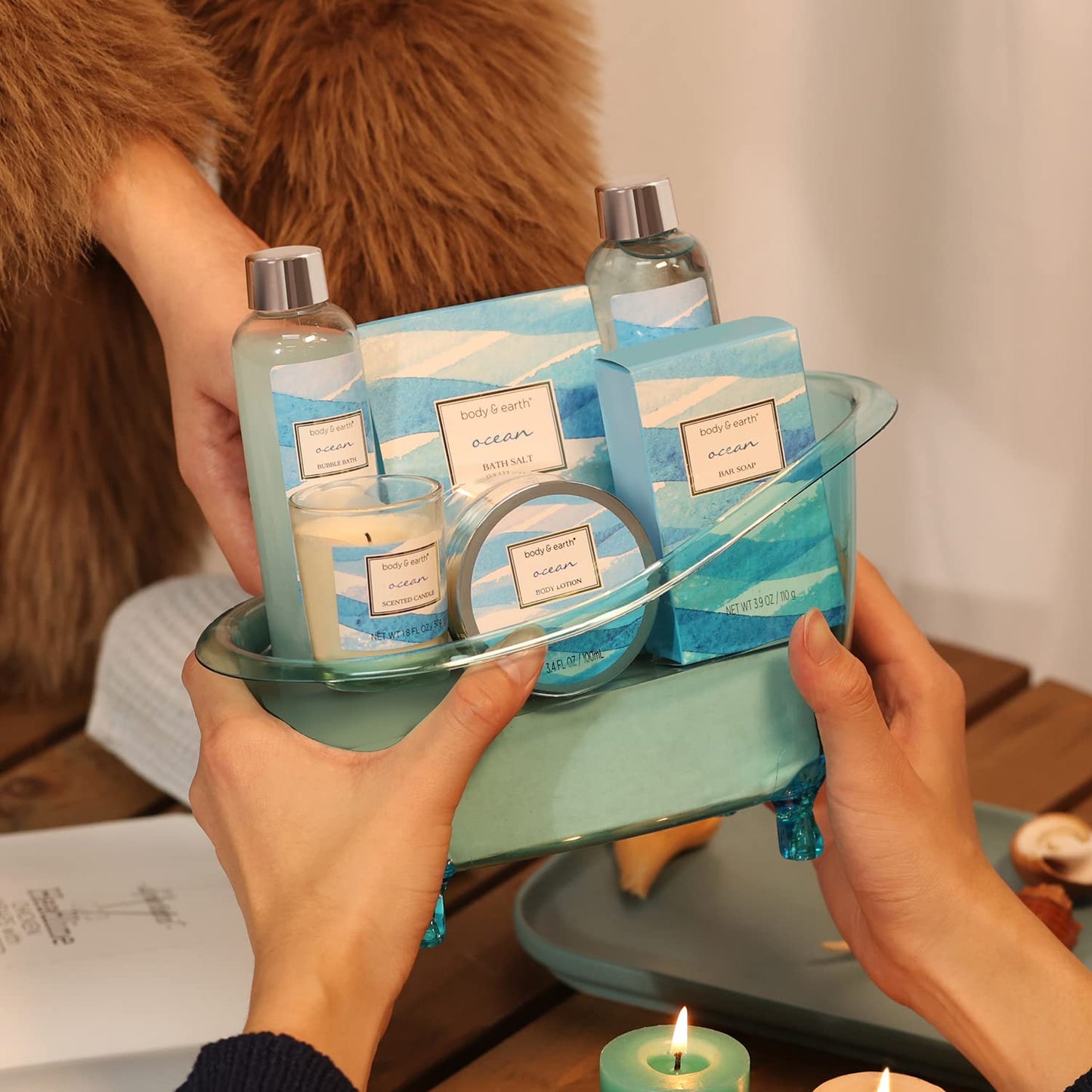 Spa Gift Baskets for Women, 7 Pcs Ocean Bath Set with Bubble Bath, Bath Salt, Body Lotion, Scented Candle, Spa Gifts