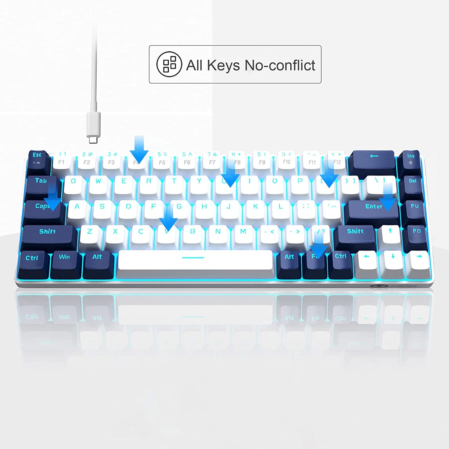 Portable 60% Mechanical Gaming Keyboard, Mk-Box LED Backlit Compact 68 Keys Mini Wired Office Keyboard with Red Switch for Windows Laptop PC Mac - White/Blue