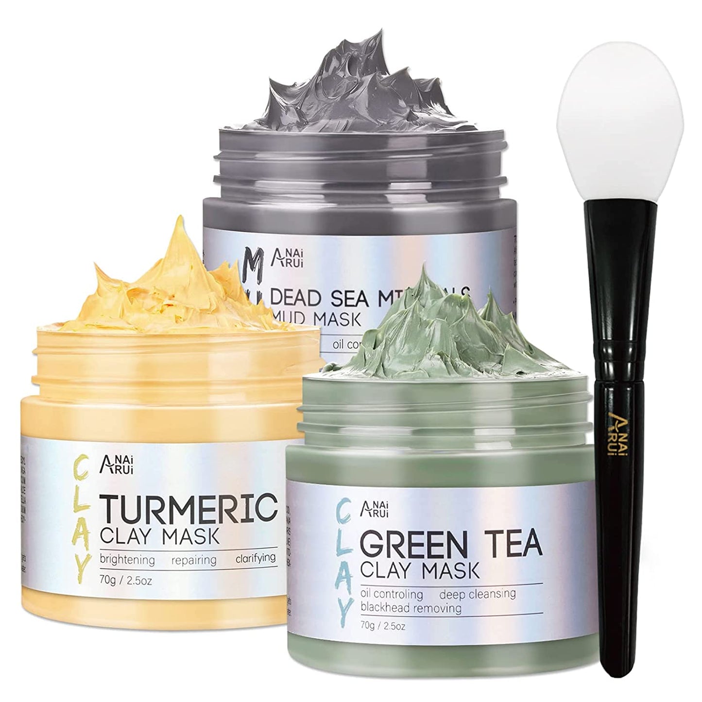 Turmeric Clay Mask - Green Tea and Dead Sea Minerals, Spa Facial Mask Set for Pore Treatment/Smooth/Clarify, 2.5 Oz Each