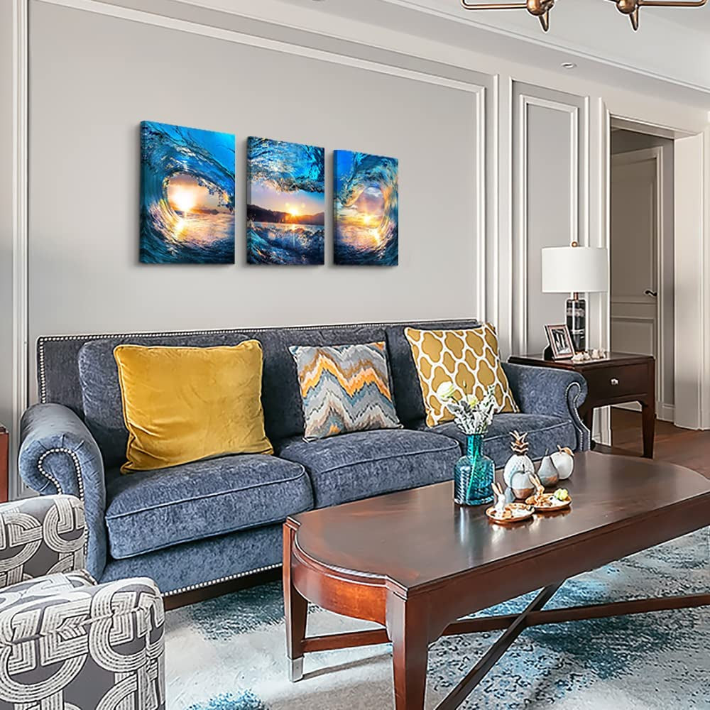Contemporary Ocean Waves Canvas Wall Art for Home and Office Decor - Blue Sea View Paintings on Canvas - Set of 3 Pieces - Modern Beach Prints - 12" X 16""