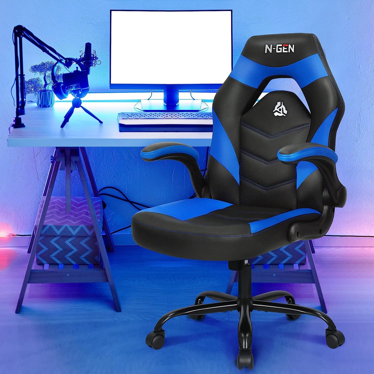 N-GEN Video Gaming Computer Chair Ergonomic Office Chair Desk Chair with Lumbar Support Flip up Arms Adjustable Height Swivel PU Leather Executive PC Chair with Wheels for Adults Women Men (Blue)