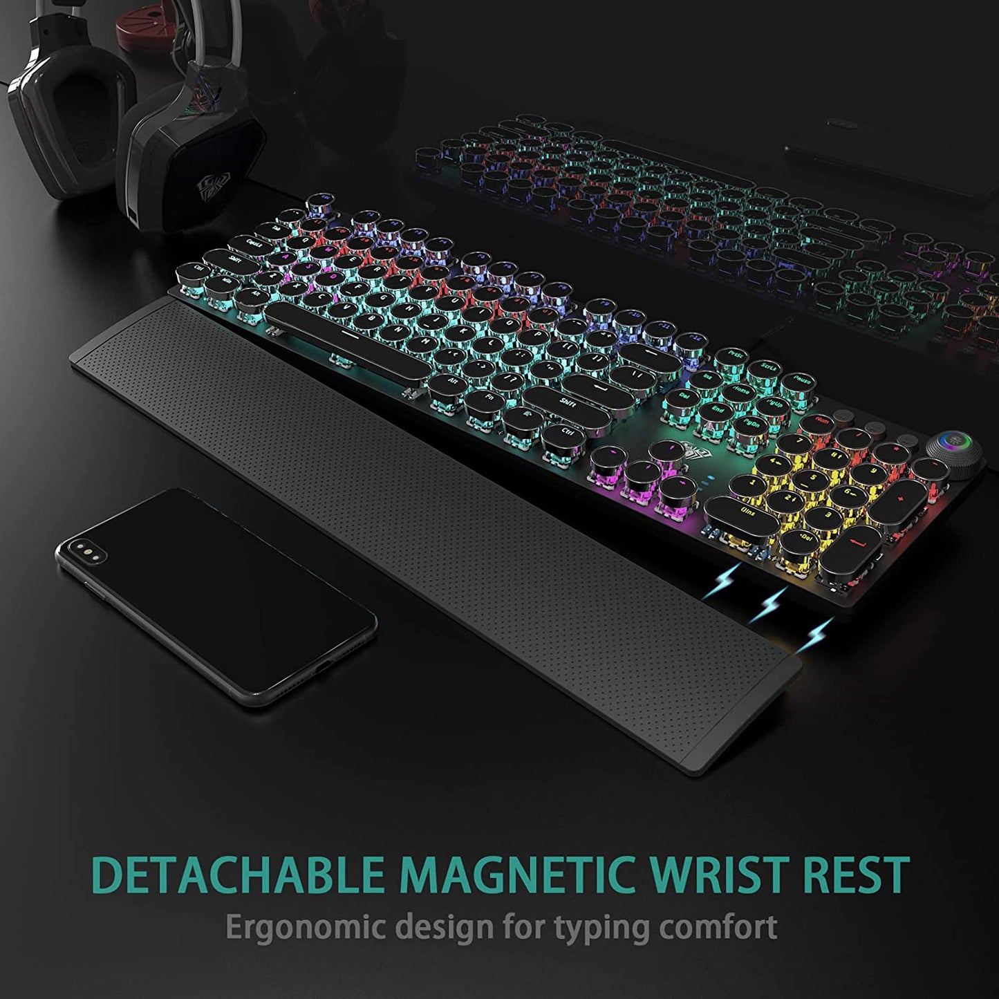 F2088 Typewriter Style Mechanical Gaming Keyboard Blue Switches,Rainbow LED Backlit,Removable Wrist Rest,Media Control Knob,Retro Punk round Keycaps,Usb Wired Computer Keyboard