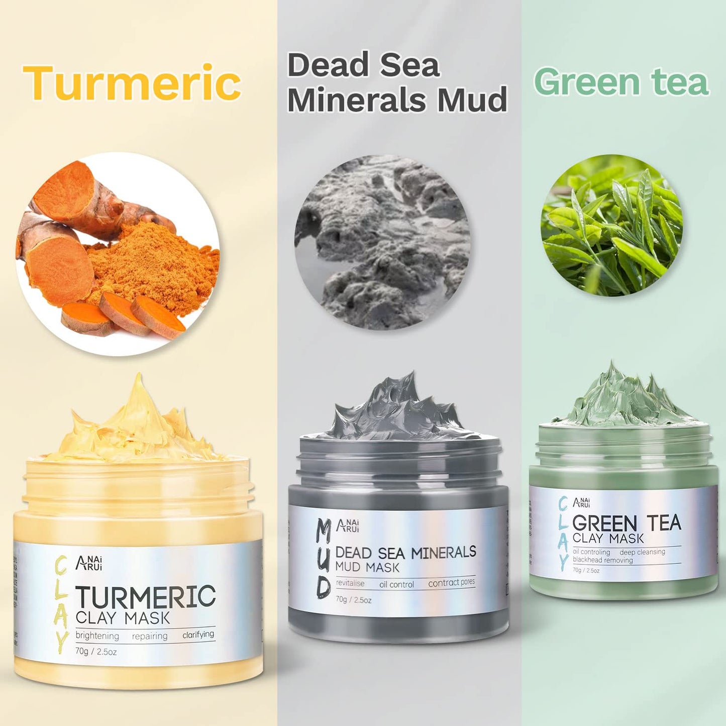 Turmeric Clay Mask - Green Tea and Dead Sea Minerals, Spa Facial Mask Set for Pore Treatment/Smooth/Clarify, 2.5 Oz Each