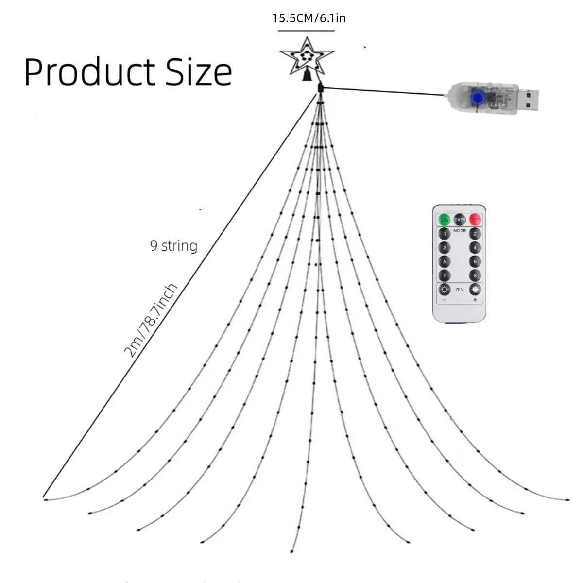 One Waterfall Light String, 9 Strip 2M/6,56FT, Christmas Lights, Eight Modes USB with Remote Control, Waterproof String Lights