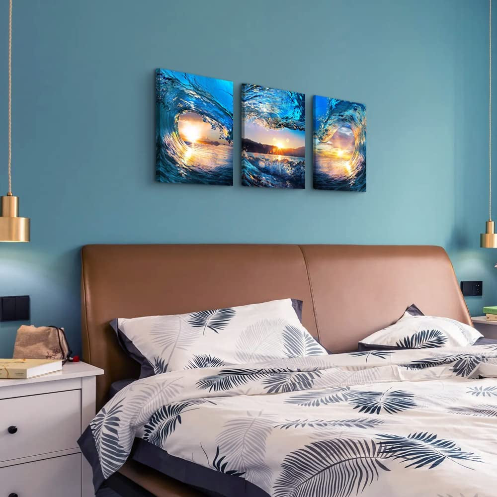 Contemporary Ocean Waves Canvas Wall Art for Home and Office Decor - Blue Sea View Paintings on Canvas - Set of 3 Pieces - Modern Beach Prints - 12" X 16""