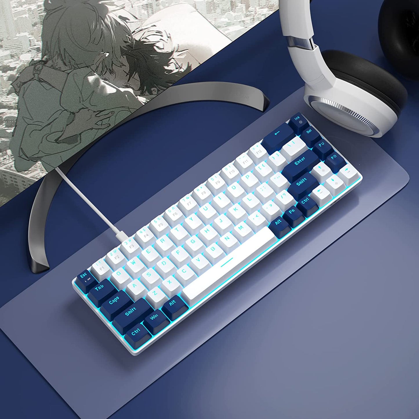 Portable 60% Mechanical Gaming Keyboard, Mk-Box LED Backlit Compact 68 Keys Mini Wired Office Keyboard with Red Switch for Windows Laptop PC Mac - White/Blue