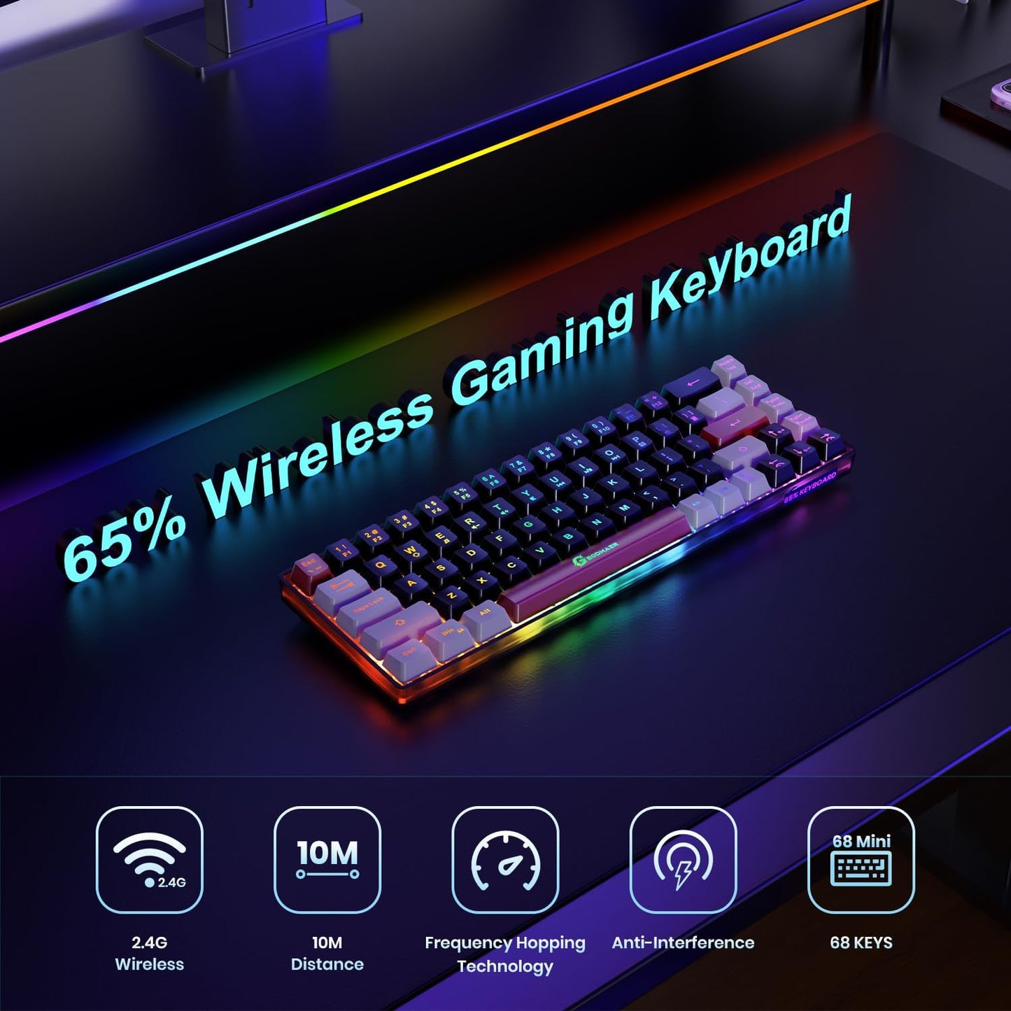 65% Wireless Gaming Keyboard, Rechargeable RGB Backlit Gaming Keyboard with 14 Backlit Modes, Ultra-Compact Mechanical Feel Anti-Ghosting Keyboard for PC Laptop Mac PS5 PS4 Xbox One Gamer