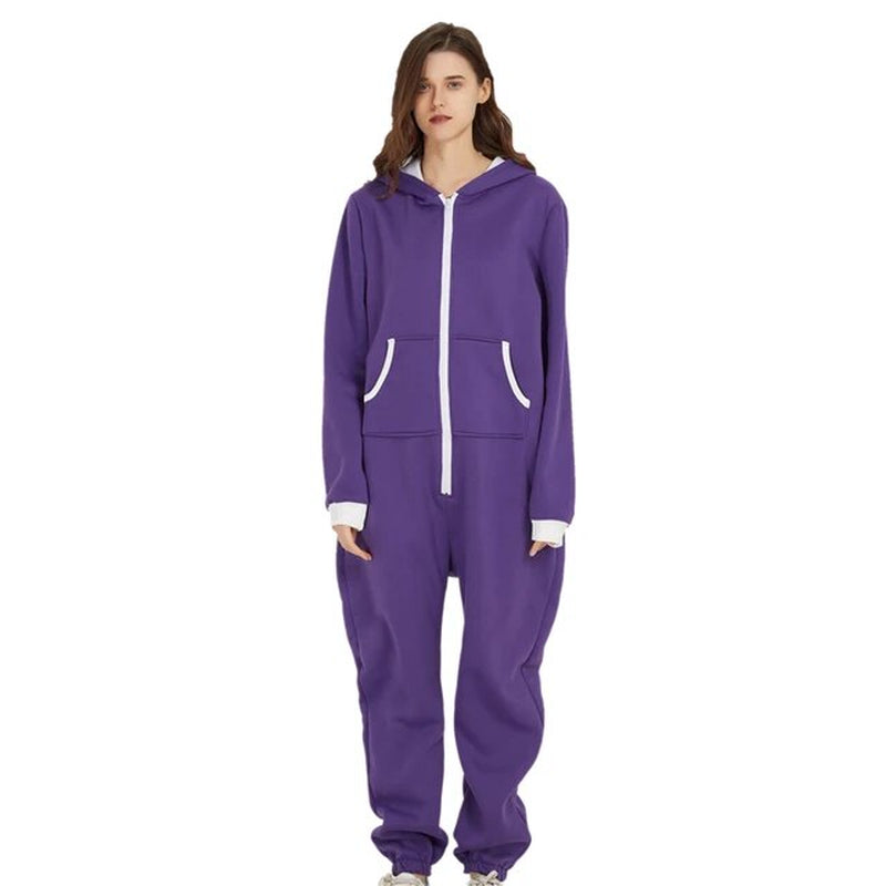 Unisex Sleepwear Jumsuits Hooded Pockets Zipper Onesies One Piece Solid Pajamas Homewear Long Sleeve Nightwear Casual Pyjamas