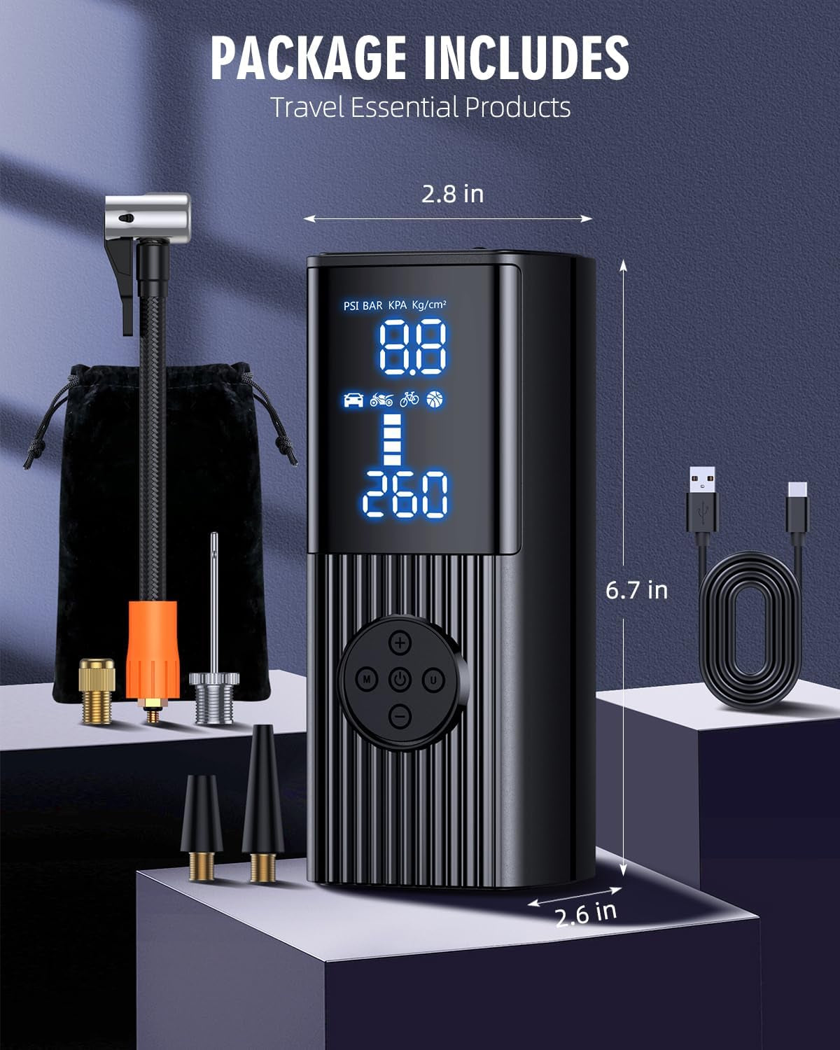 Tire Inflator Portable Air Compressor - 180PSI & 20000Mah Portable Air Pump, Accurate Pressure LCD Display, 3X Fast Inflation for Cars, Bikes & Motorcycle Tires, Balls.