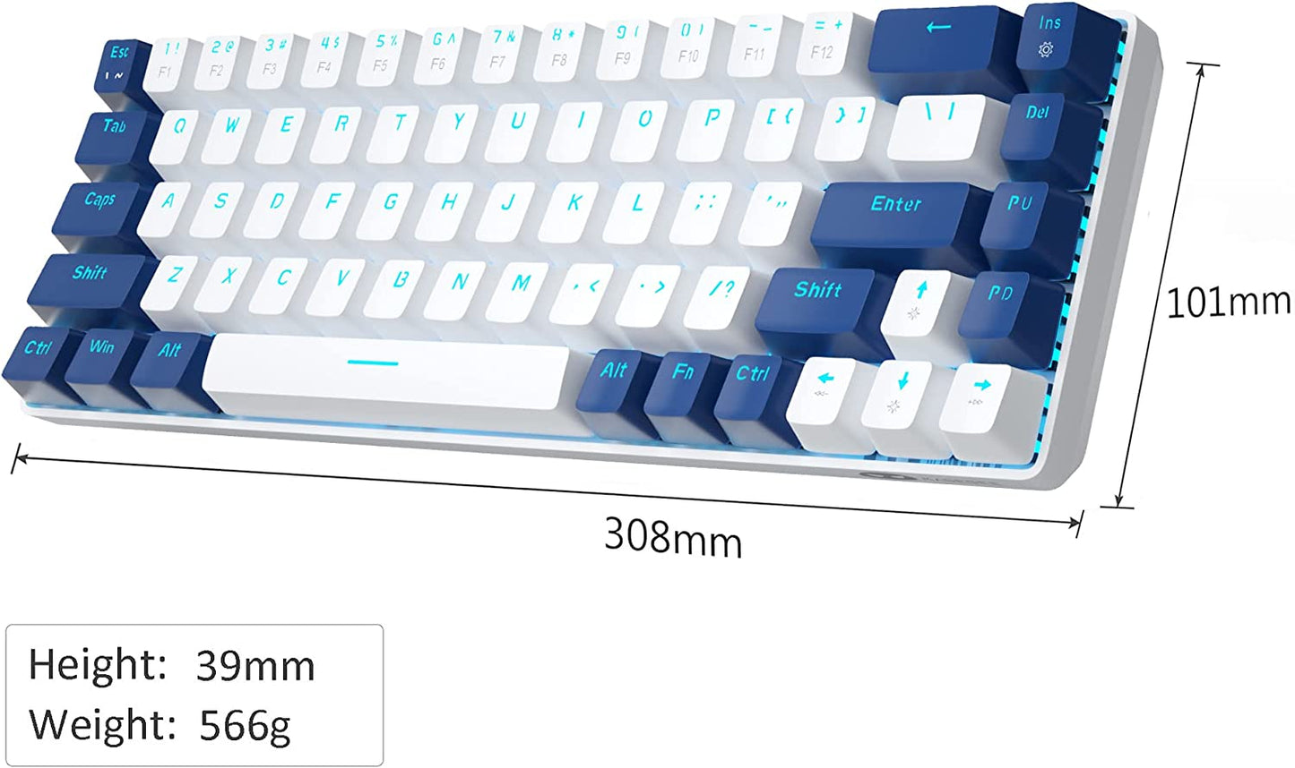 Portable 60% Mechanical Gaming Keyboard, Mk-Box LED Backlit Compact 68 Keys Mini Wired Office Keyboard with Red Switch for Windows Laptop PC Mac - White/Blue