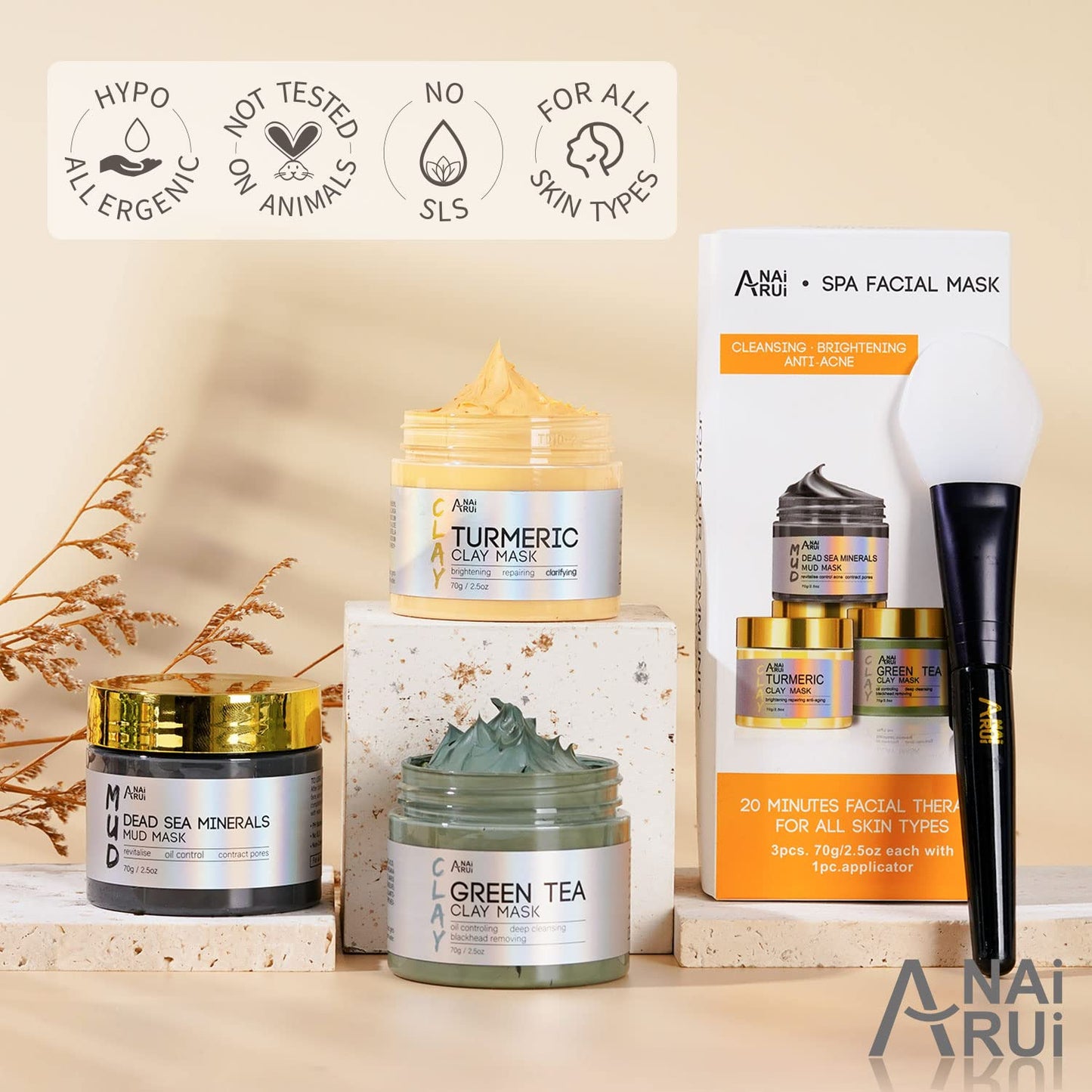 Turmeric Clay Mask - Green Tea and Dead Sea Minerals, Spa Facial Mask Set for Pore Treatment/Smooth/Clarify, 2.5 Oz Each
