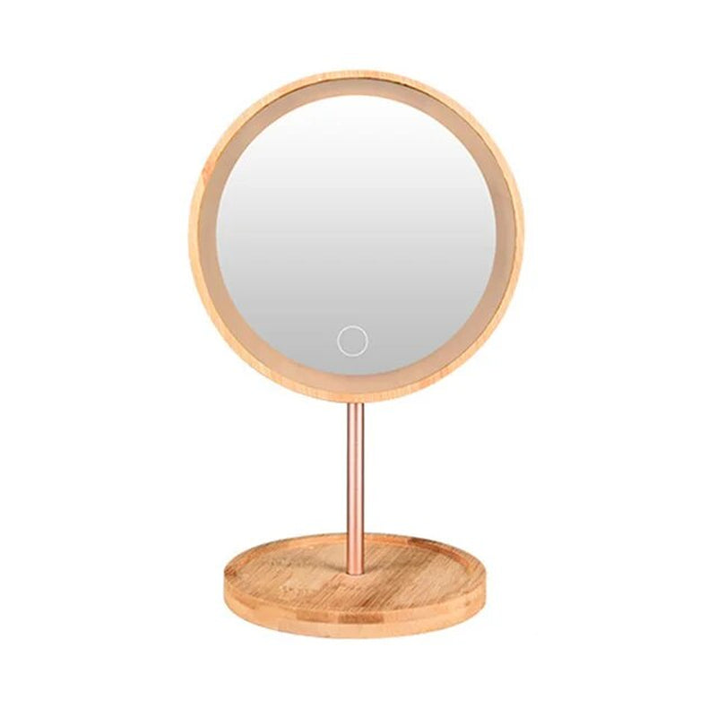 USB Rechargeable Wood Makeup Mirror with LED Light/ Detachable Storage Base 3 Modes