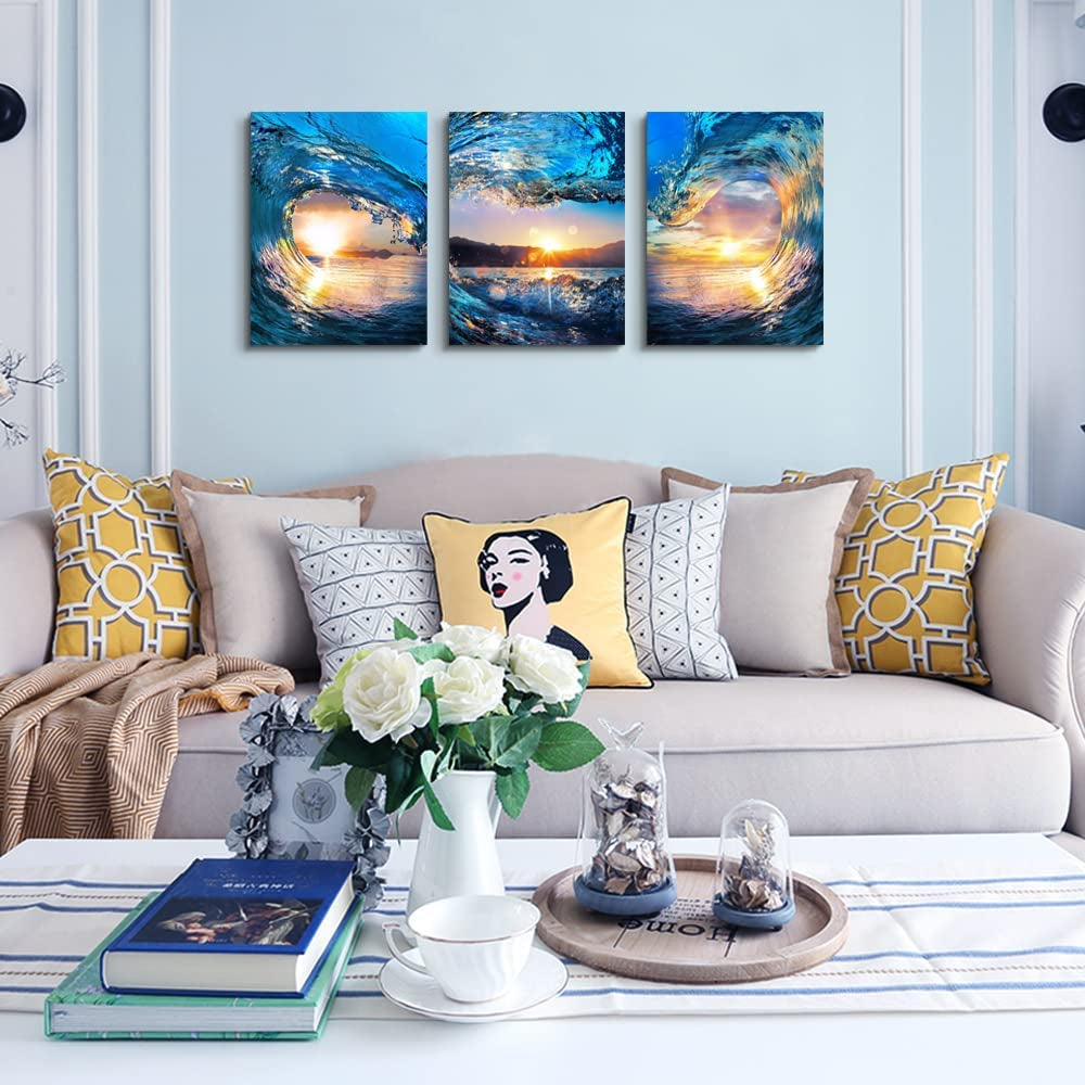 Contemporary Ocean Waves Canvas Wall Art for Home and Office Decor - Blue Sea View Paintings on Canvas - Set of 3 Pieces - Modern Beach Prints - 12" X 16""