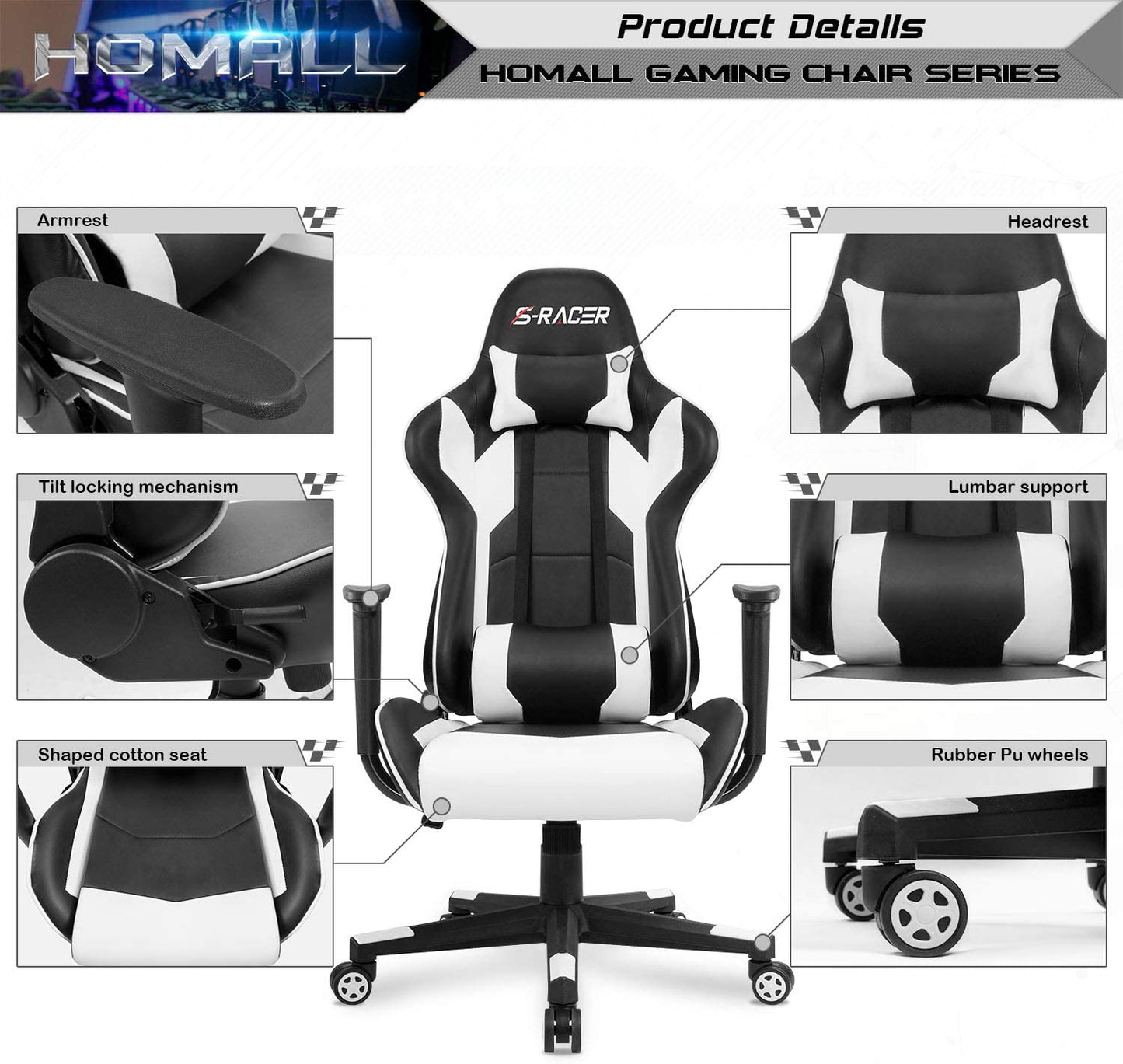 Gaming Chair, Office Chair High Back Computer Chair Leather Desk Chair Racing Executive Ergonomic Adjustable Swivel Task Chair with Headrest and Lumbar Support (White)