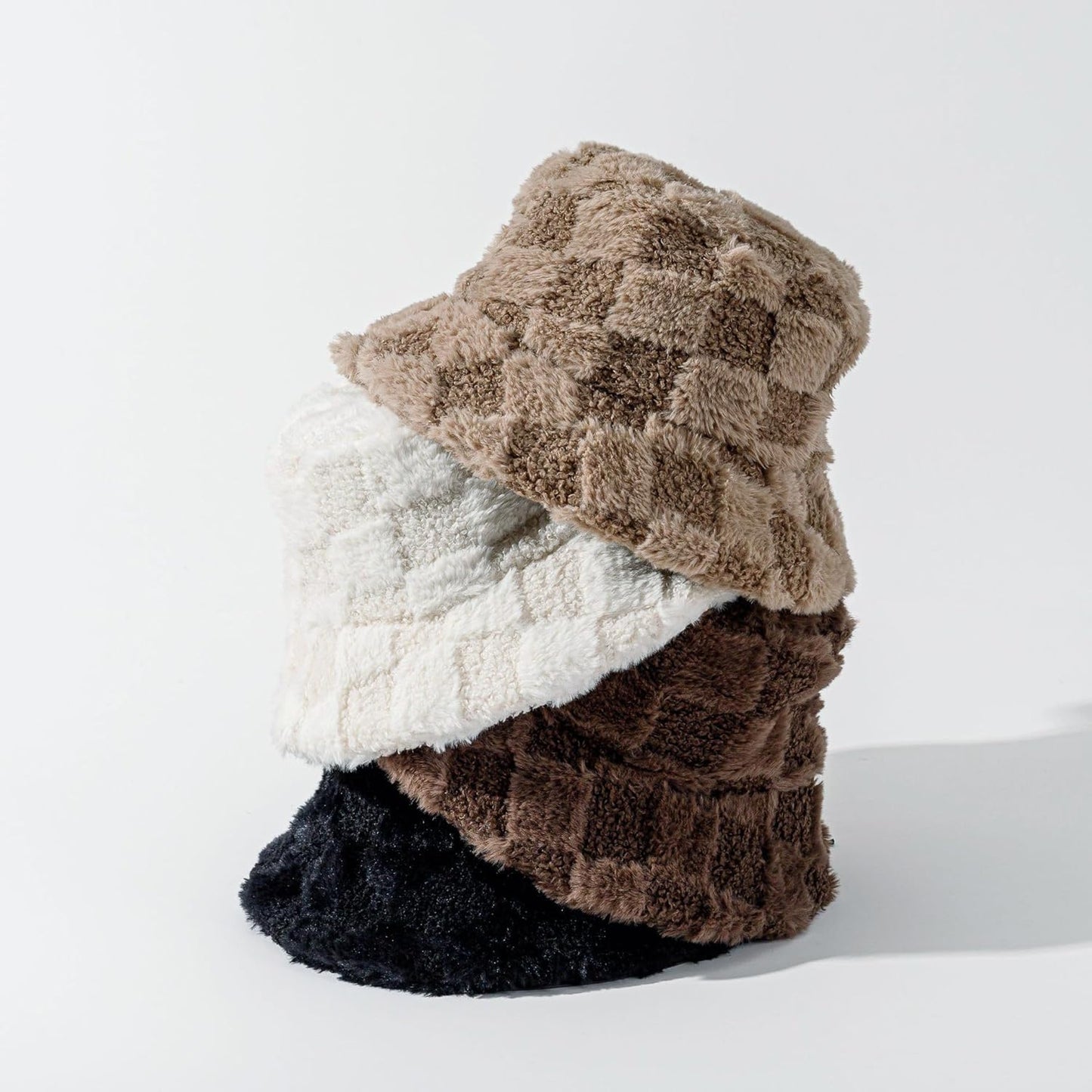 Plush Fisherman Hat for Women Fuzzy Chessboard Bucket Hat Wide Brim Fluffy Warm Cap for Fall Winter Gift 2023