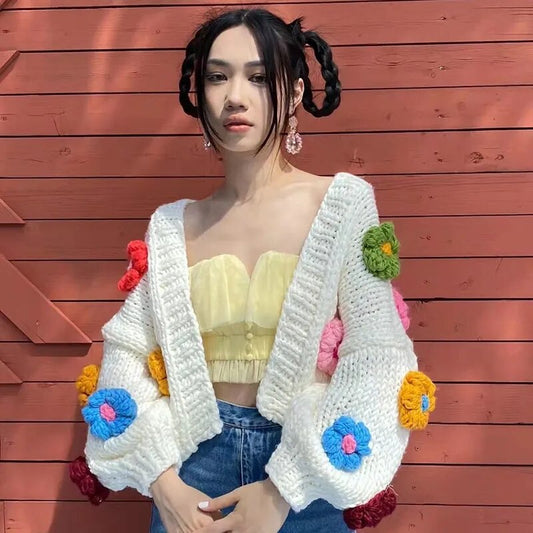 Flower Cardigan Sweater Women's Long Sleeve Crop Knit Sweater 