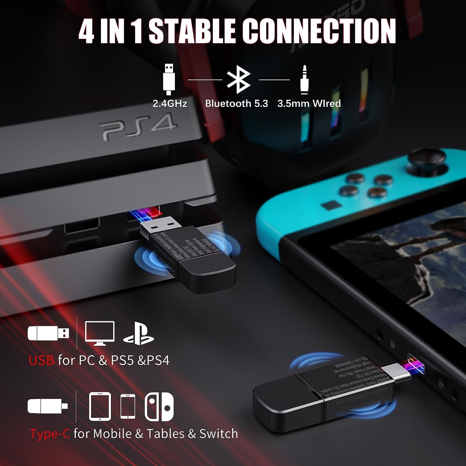 Wireless Gaming Headset 2.4Ghz USB & Type-C Gaming Headphones for PC, PS4, PS5, Switch, Bluetooth 5.3 Gaming Headset with Detachable Noise Cancelling Microphone