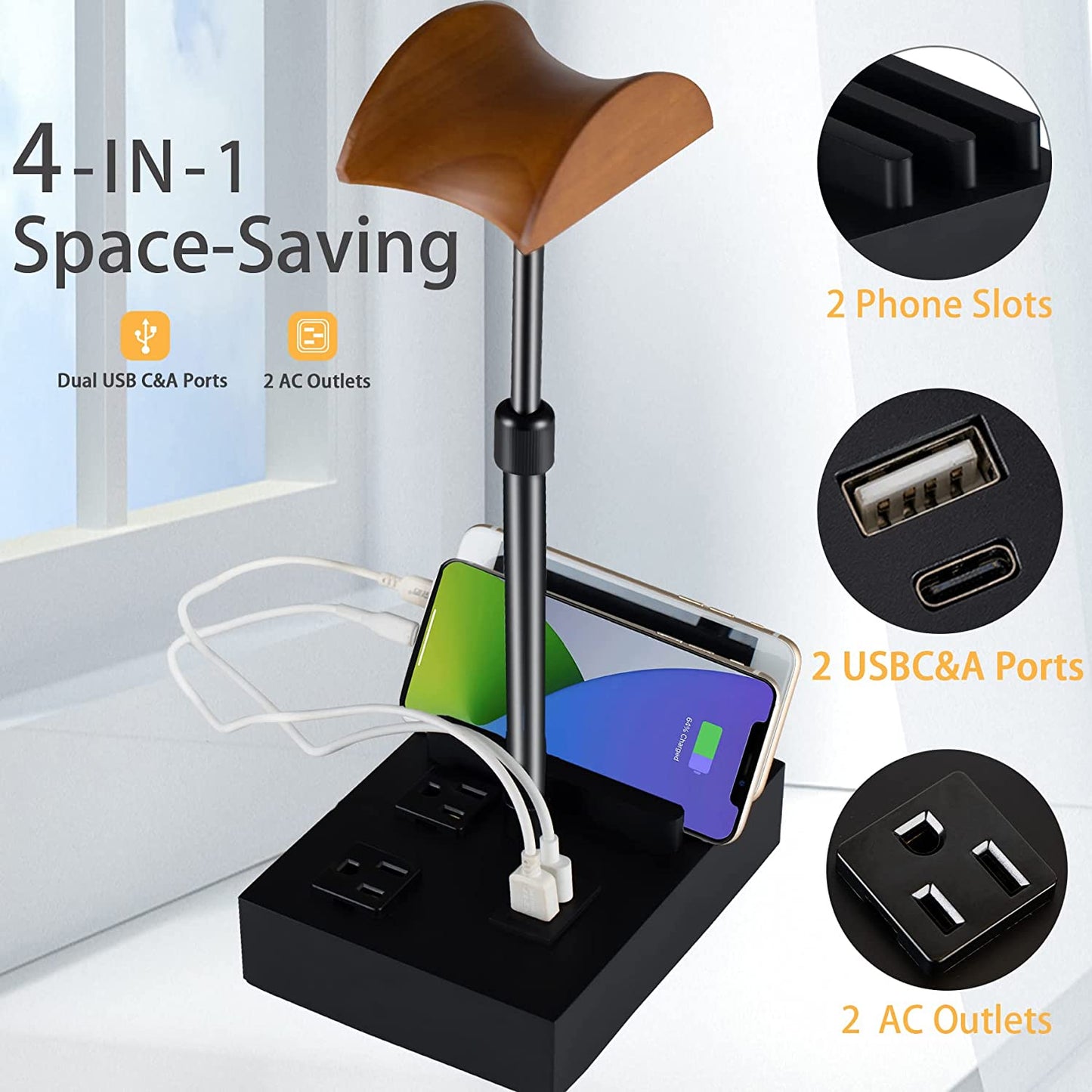 Headphone Stand Desktop Gaming Headset Holder with 2 AC Outlets and USB C&A Ports, Charging Station&Phone Stands, Height Adjustable Wood Earphone Table Game Accessories for Desktop Gamer
