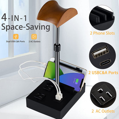 Headphone Stand Desktop Gaming Headset Holder with 2 AC Outlets and USB C&A Ports, Charging Station&Phone Stands, Height Adjustable Wood Earphone Table Game Accessories for Desktop Gamer