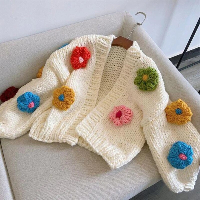 Flower Cardigan Sweater Women's Long Sleeve Crop Knit Sweater 