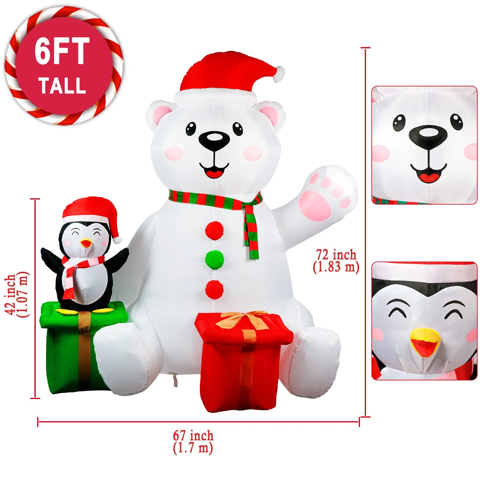 6 Ft Christmas Inflatable Polar Bear Penguin Outdoor Decoration with LED Light up Blow up Xmas Decor