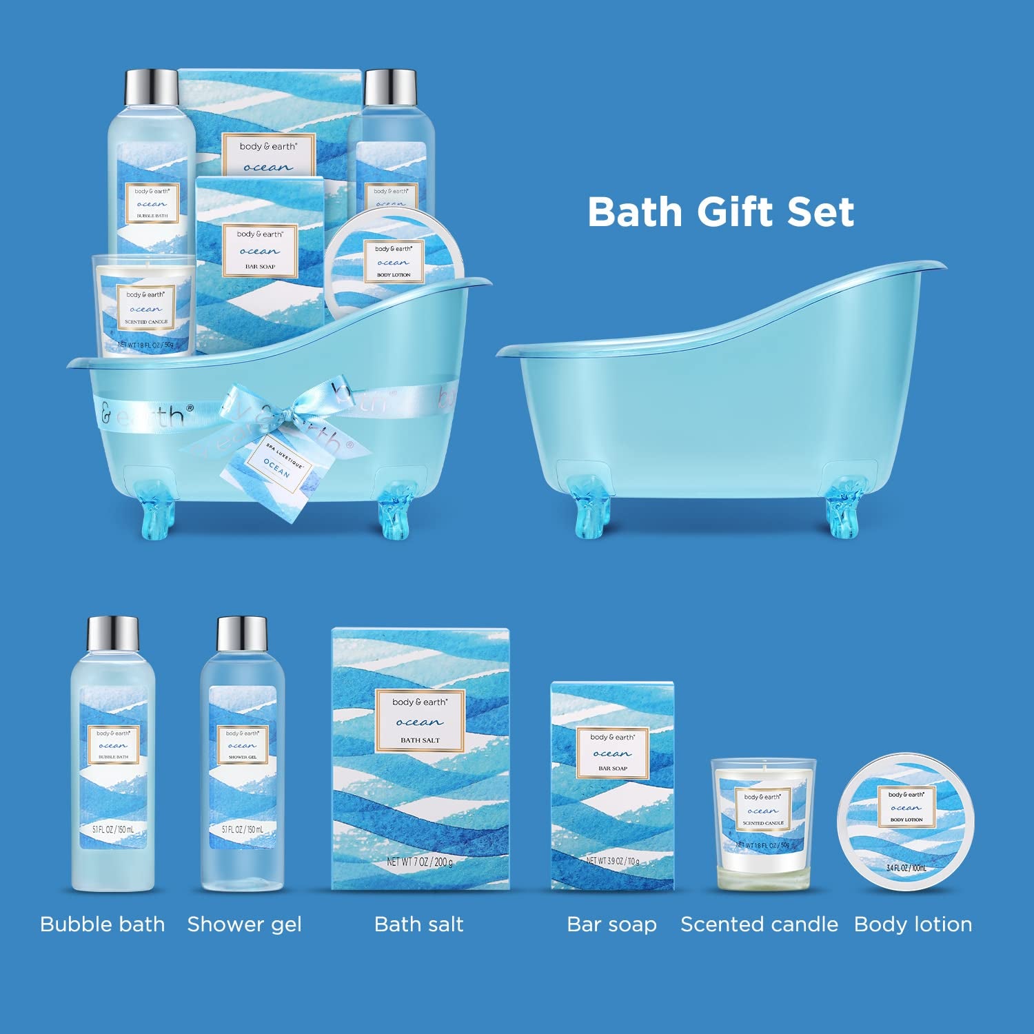 Spa Gift Baskets for Women, 7 Pcs Ocean Bath Set with Bubble Bath, Bath Salt, Body Lotion, Scented Candle, Spa Gifts
