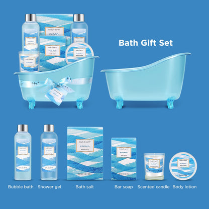Spa Gift Baskets for Women, 7 Pcs Ocean Bath Set with Bubble Bath, Bath Salt, Body Lotion, Scented Candle, Spa Gifts
