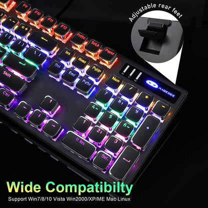 Typewriter Style Mechanical Gaming Keyboard, Black Retro Punk Gaming Keyboard with RGB Backlit, 104 Keys Blue Switch Wired Cute Keyboard, Unique Square Keycaps for Windows/Mac/Pc