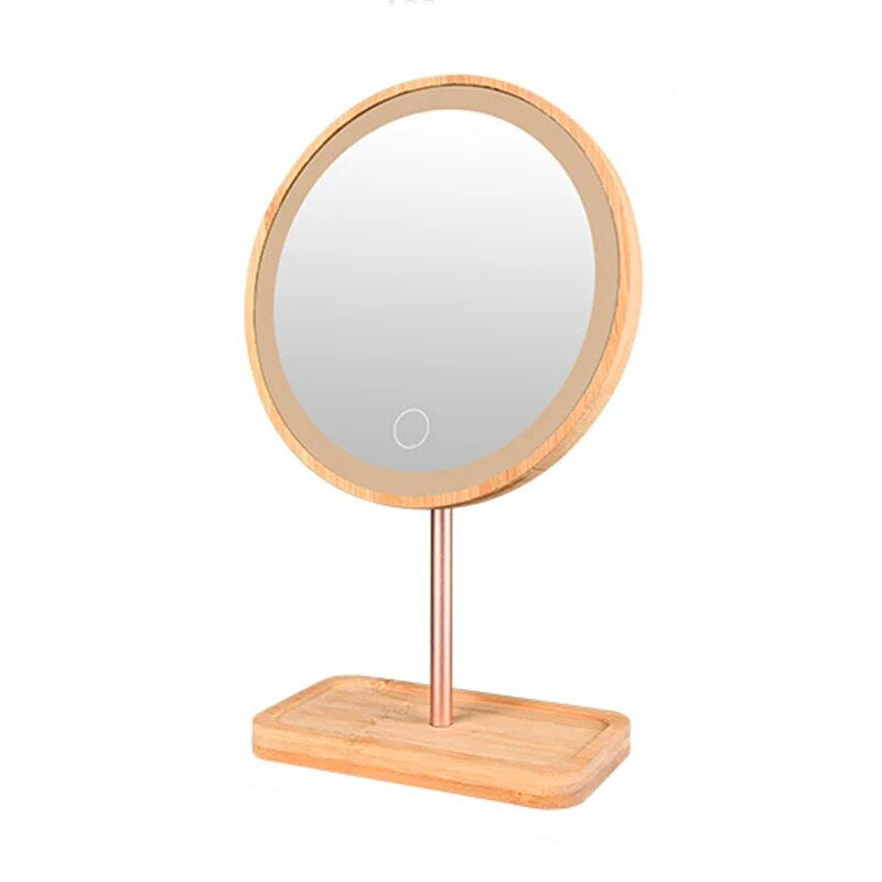 USB Rechargeable Wood Makeup Mirror with LED Light/ Detachable Storage Base 3 Modes