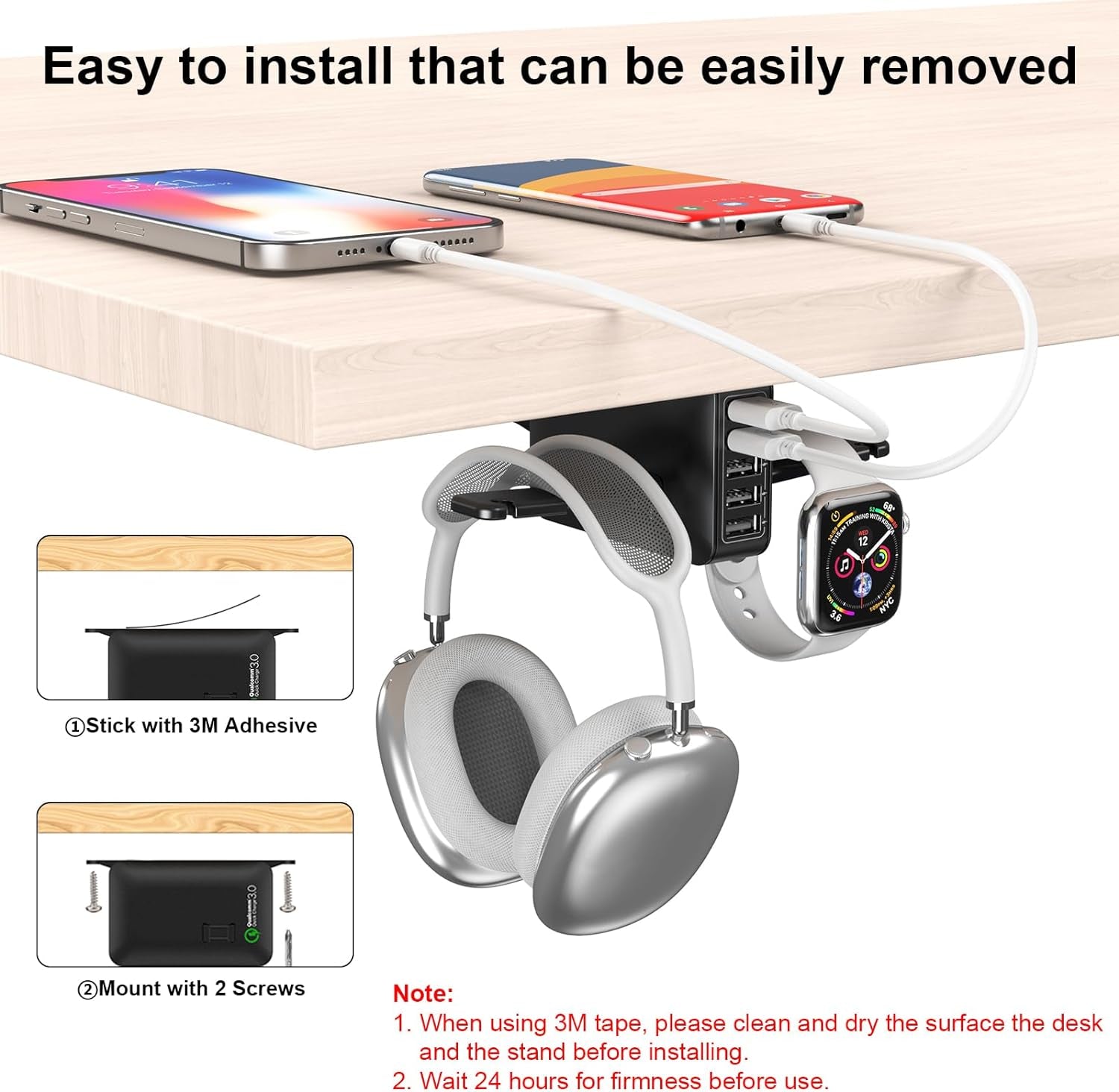 PC Gaming Headphone Headset Holder Hanger Hook,  Dual Headphone Stand under Desk with 5 Ports USB Charging Station, Suitable for Gamer Earphone Accessories as Boyfriend, Son, Husband Gifts