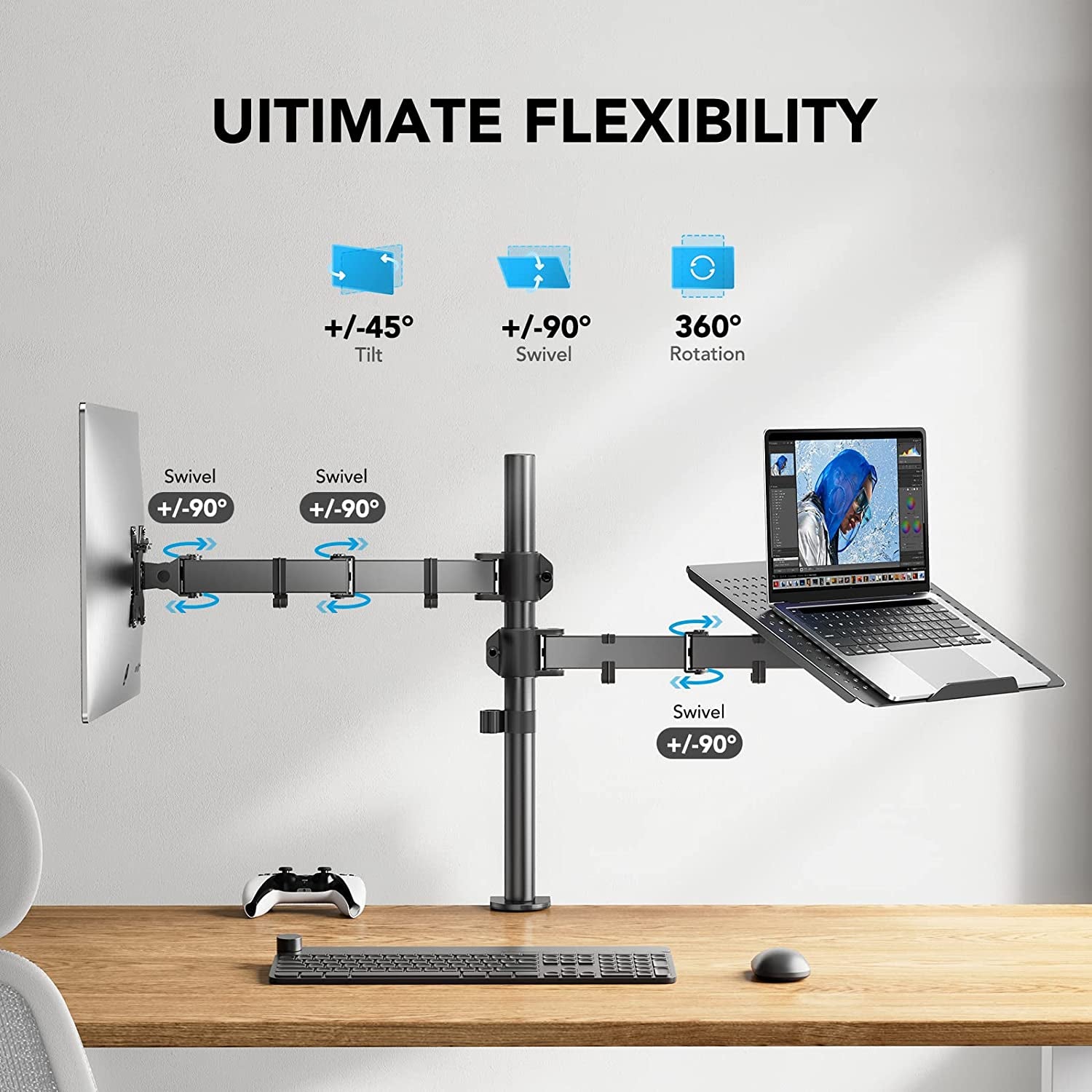 Laptop Monitor Mount,Single Monitor Desk Mount Holds 32 Inch,Laptop Notebook Desk Mount Stand Fits up to 17 Inch,Fully Adjustable Weight up to 22Lbs