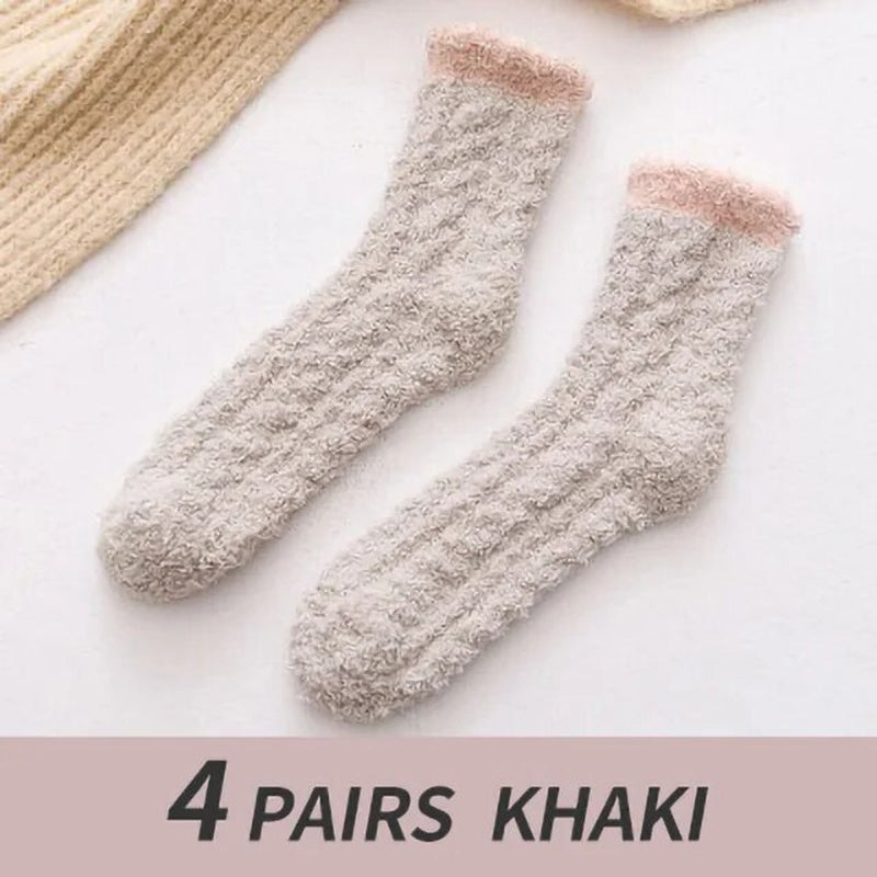 4 Pairs Winter Warm Fluffy Fuzzy Socks Thick Thermal Soft Kawaii Cold Resistance Mid Socks Coral Fleece Floor Sleep Sock
