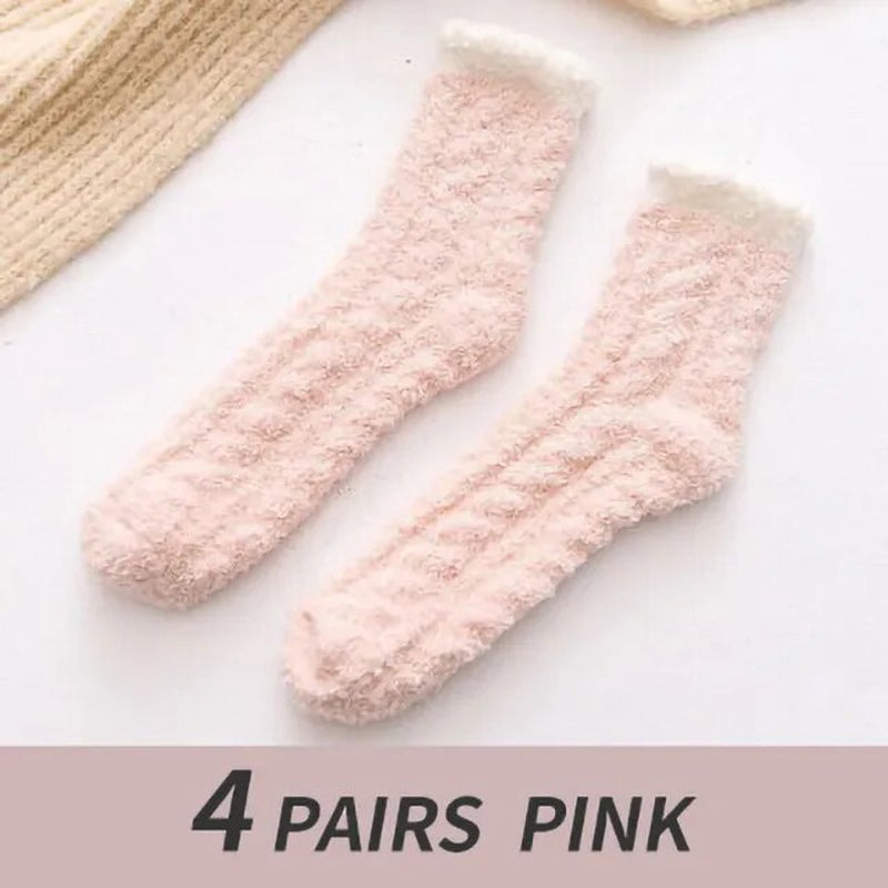 4 Pairs Winter Warm Fluffy Fuzzy Socks Thick Thermal Soft Kawaii Cold Resistance Mid Socks Coral Fleece Floor Sleep Sock
