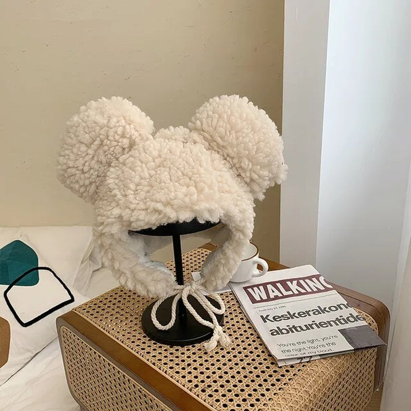Women'S Winter Hat 2023 Fashion Solid Beanies, Cute Bear Ears , Windproof Cap Earflap Hat w/ Lamb Hair Cap