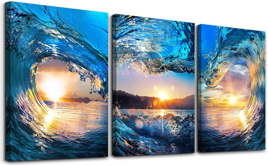 Contemporary Ocean Waves Canvas Wall Art for Home and Office Decor - Blue Sea View Paintings on Canvas - Set of 3 Pieces - Modern Beach Prints - 12" X 16""
