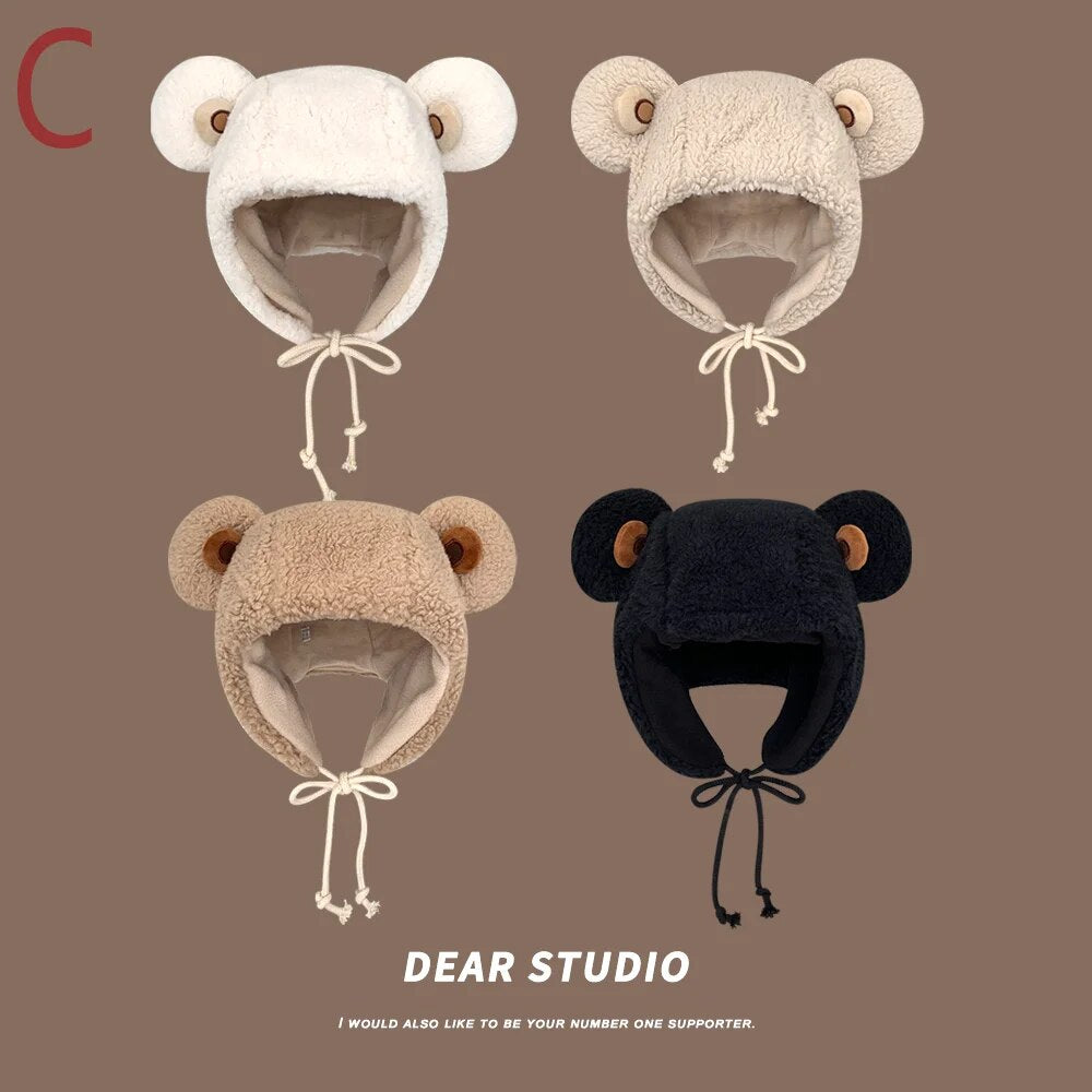 Women'S Winter Hat 2023 Fashion Solid Beanies, Cute Bear Ears , Windproof Cap Earflap Hat w/ Lamb Hair Cap