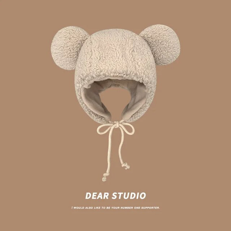 Women'S Winter Hat 2023 Fashion Solid Beanies, Cute Bear Ears , Windproof Cap Earflap Hat w/ Lamb Hair Cap