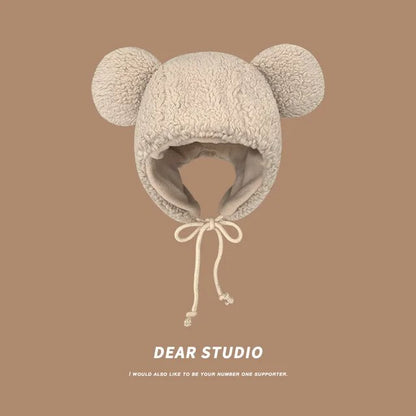 Women'S Winter Hat 2023 Fashion Solid Beanies, Cute Bear Ears , Windproof Cap Earflap Hat w/ Lamb Hair Cap