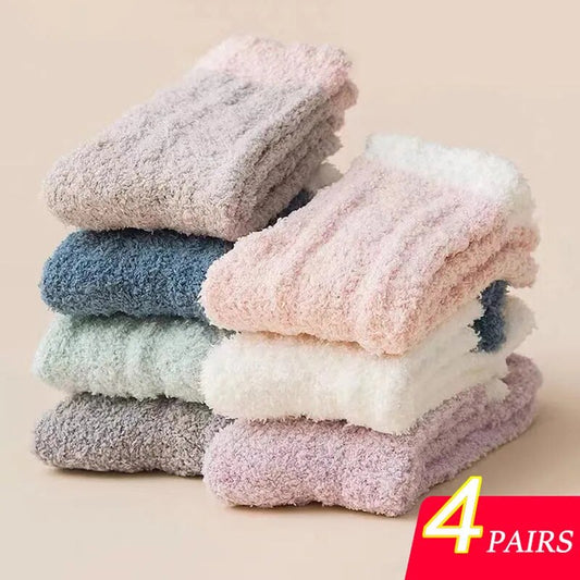 4 Pairs Winter Warm Fluffy Fuzzy Socks Thick Thermal Soft Kawaii Cold Resistance Mid Socks Coral Fleece Floor Sleep Sock