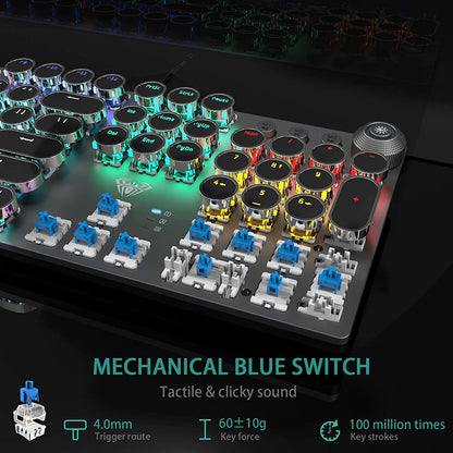 F2088 Typewriter Style Mechanical Gaming Keyboard Blue Switches,Rainbow LED Backlit,Removable Wrist Rest,Media Control Knob,Retro Punk round Keycaps,Usb Wired Computer Keyboard