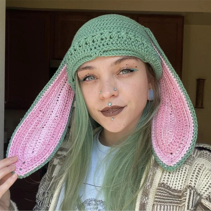 Cosplay Girls Cute Cartoon Animal Ears Cap, Knitted Bunny Ears, Windproof Mask