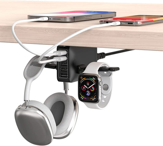 PC Gaming Headphone Headset Holder Hanger Hook,  Dual Headphone Stand under Desk with 5 Ports USB Charging Station, Suitable for Gamer Earphone Accessories as Boyfriend, Son, Husband Gifts