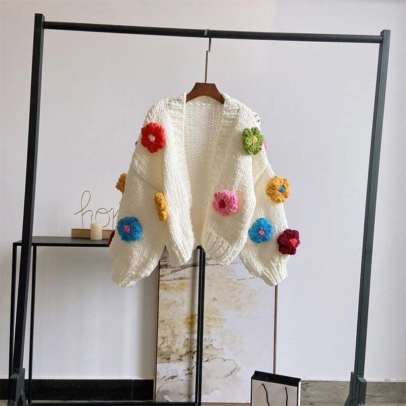 Flower Cardigan Sweater Women's Long Sleeve Crop Knit Sweater 