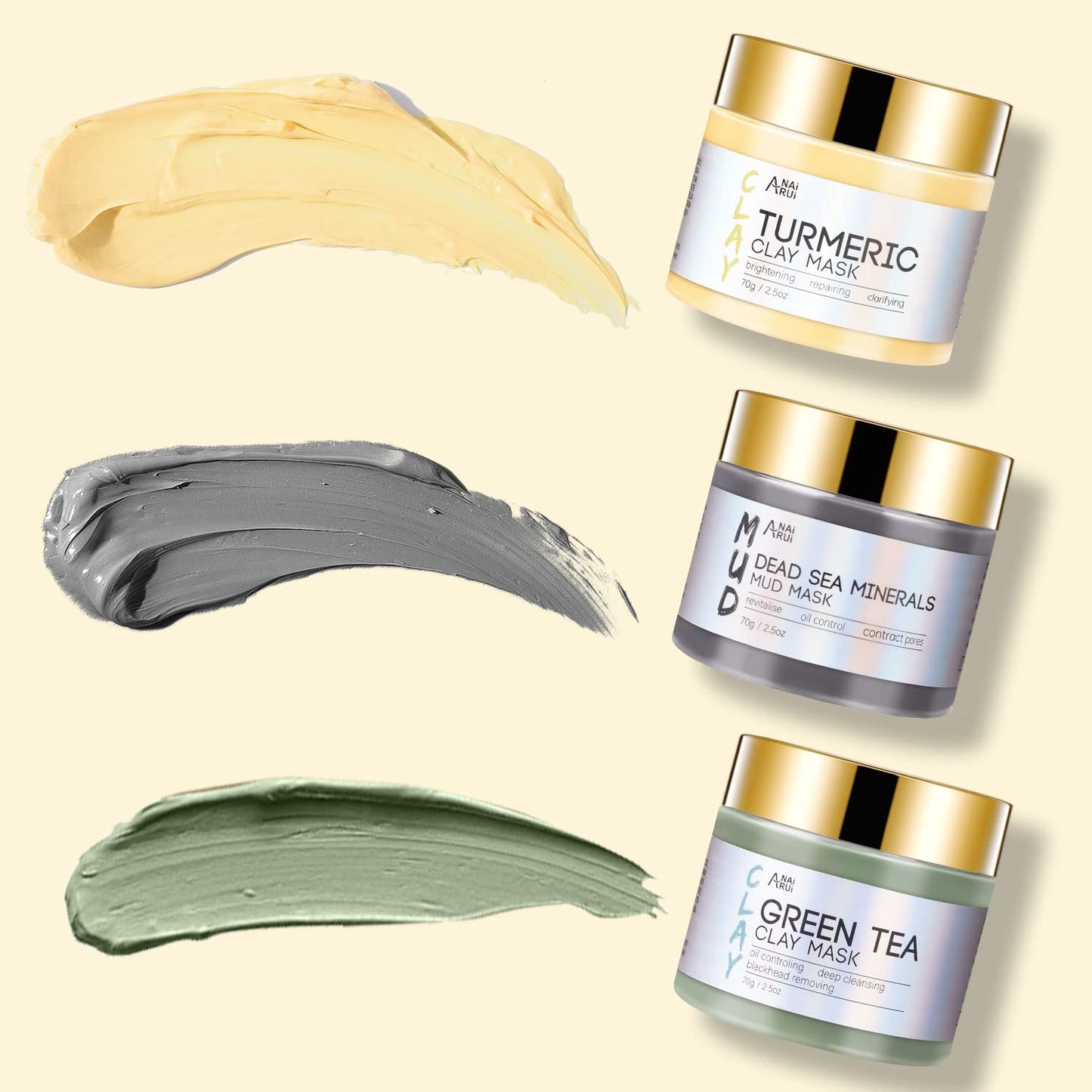 Turmeric Clay Mask - Green Tea and Dead Sea Minerals, Spa Facial Mask Set for Pore Treatment/Smooth/Clarify, 2.5 Oz Each