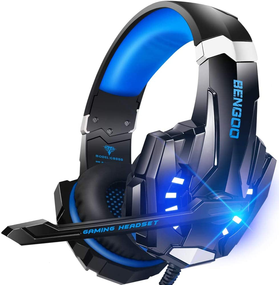 BENGOO G9000 Stereo Gaming Headset for PS4 PC Xbox One PS5 Controller, Noise Cancelling over Ear Headphones with Mic, LED Light, Bass Surround, Soft Memory Earmuffs for Laptop Mac Nintendo NES Games